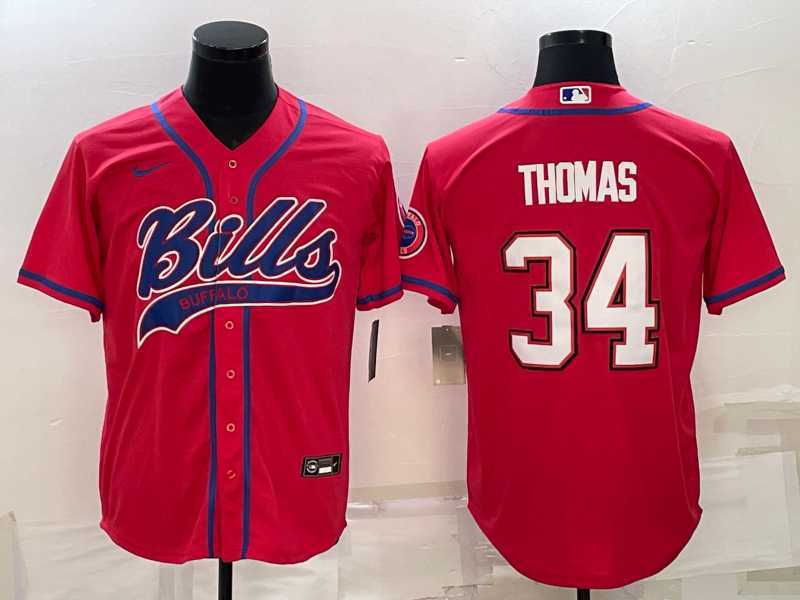 Mens Buffalo Bills #34 Thurman Thomas Red With Patch Cool Base Stitched Baseball Jersey